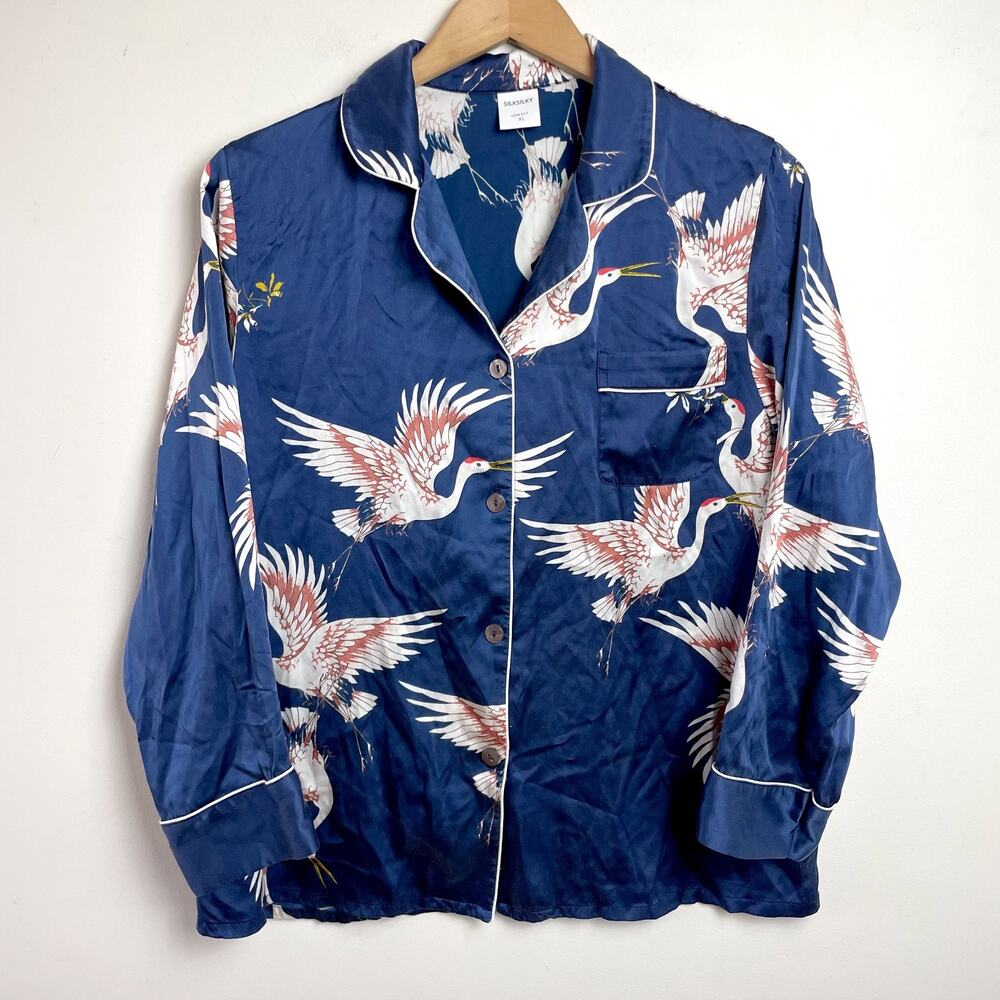 Blue Silk Satin Button Up Pajama Top Sz XL Maximalist Eclectic Resort Crane